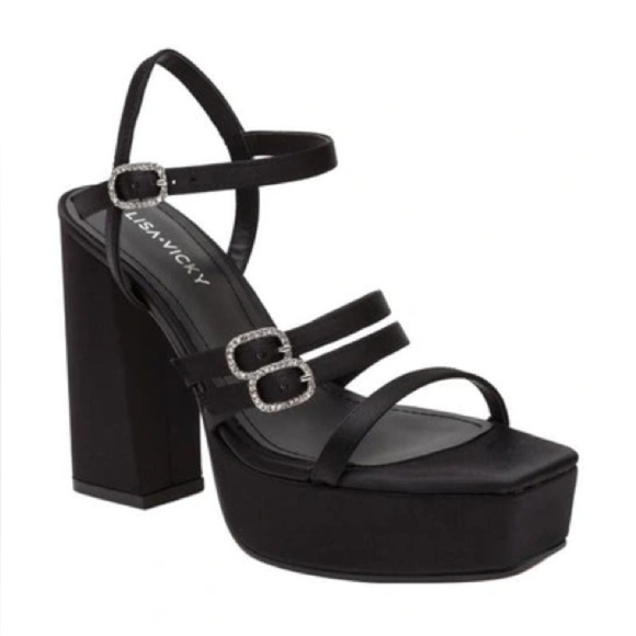 NIB Lisa Vicky Babe Black Satin Platform Strappy Heeled Sandals Chunky Sz 8.5 - Picture 1 of 14